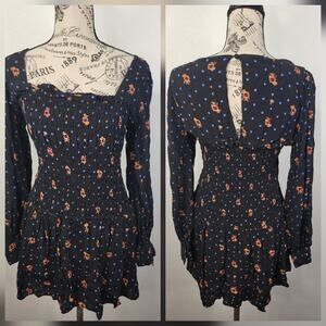 Free People Dress Two Faces Mini Dress Smocked Floral Long Sleeve Size S Cottage
